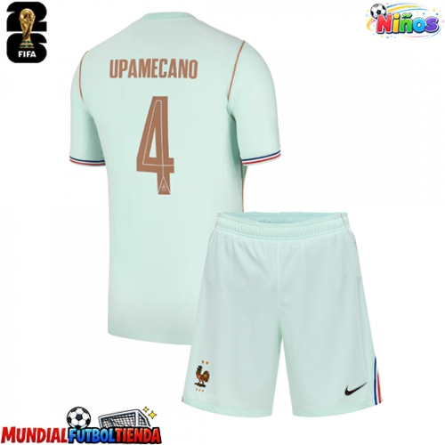 Camiseta Francia Dayot Upamecano #4 Segunda Equipación Replica Mundial 2026 para niños mangas cortas (+ Pantalones cortos)
